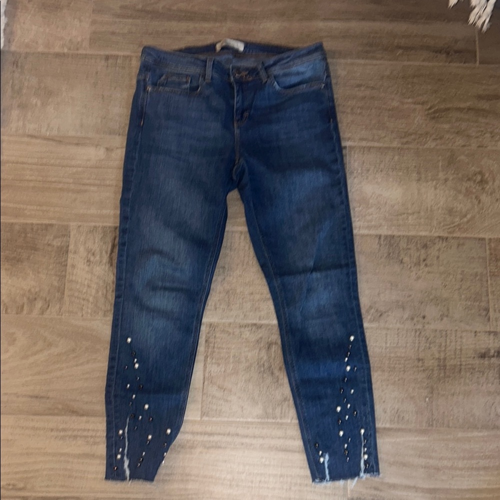 Women's Blue Jeans with Pearl Detailing